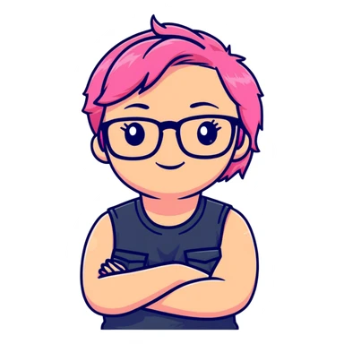 Pink-haired girl with glasses crossing her arms with a slight smirk sticker