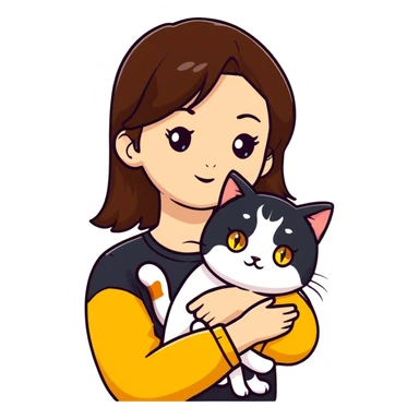 Brown straight-haired girl with black top, white cat with yellow eyes, and calico cat sticker