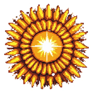 Bomberman explosion center tile, bright fiery explosion core with yellows and oranges radiating from center, 90% of tile with subtle glow effect, clean pixel art edges, slight transparency at edges sticker