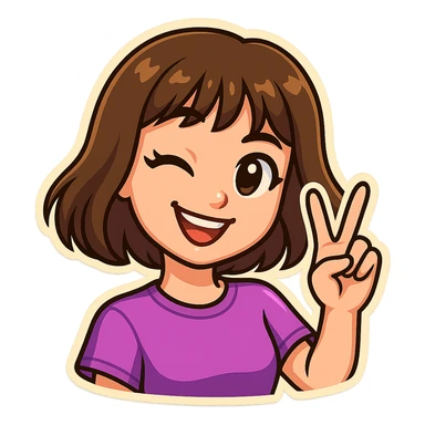 Create a Telegram sticker style character of a cheerful girl inspired by Russian singer Dora. She is smiling, winking with one eye, and showing a V sign with her fingers. Match the style, color palette, and shading of the provided sticker reference, including big expressive eyes, simple shapes, soft shadows, white border, and transparent background. sticker