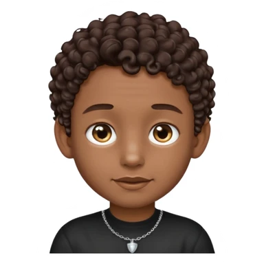 a boy emoji with a milk chocolate skin color, short dark brown curly hair with 2 silver stud earrings on both ears and 2 slits on each eyebrow and is wearing a black shirt with a silver necklace  sticker