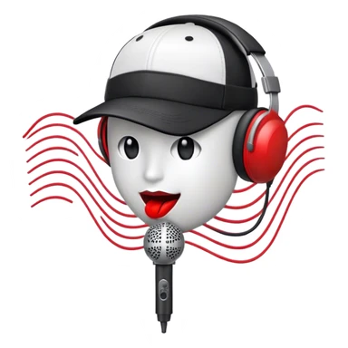 Create a dynamic and energetic emoji that represents beatboxing. The design should feature a stylized microphone with lips and baseball cap on it, sound waves emanating from it , symbolizing vocal percussion and rhythm. Add elements like headphones or a subtle speaker to emphasize the music production aspect. Use bold colors like black, white, and red to convey the intensity and creativity of beatboxing. The background should be transparent. sticker