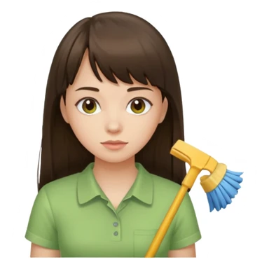 girl brunette with bangs long hair cleaning light green shirt sticker