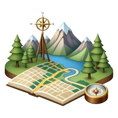 An icon featuring a local map, a compass, and regional landmarks, symbolizing local studies. The design includes a tree, mountains, and buildings, representing the unique geography and culture of a specific area. Transparent background highlights the exploration of local history and environment. sticker