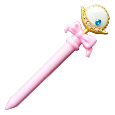 Sailor moon wand. Crescent moon on top with diamond in the crescent. Pink wand handle with little diamonds and small white wing motifs sticker