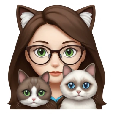 O data cu parul saten ,ochii griji-albastrii ,ochelari și codițe de pisica ..și langa o pisicuță alba pufoasa ,cu ochii verzi și o a doua pisica siameza pufoasa cu capul maro -negru și coada ,restul corpului un maro deschis spre alb  , ochii albaștrii sticker