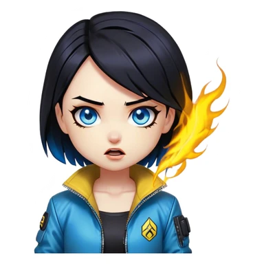 Black hair cyberpunk 2077 chibi girl with blazing blue eyes and yellow jacket from the animation show cyberpunk edge runners. All emotion reactions sticker