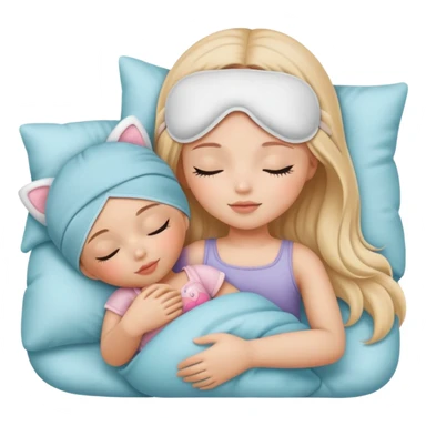 A girl Wearing a cute sleep mask is sleeping with a doll sticker