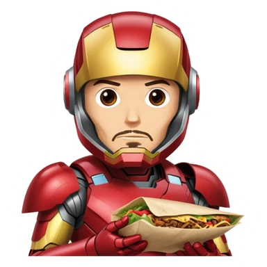 Tony Stark eating a delicious shawarma wrap, wearing his Iron Man suit with the helmet retracted, looking satisfied and slightly messy, comic book style, vibrant colors, simple and expressive emoji design sticker