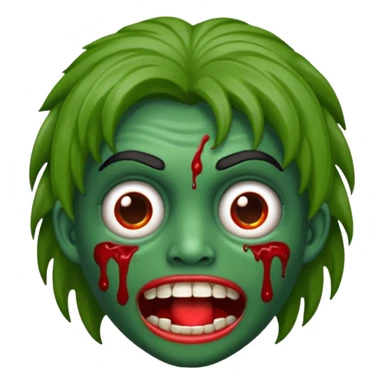 emoji de zumbi estilo WhatsApp, cabeça verde, cabelo cacheado vermelho volumoso, olhos brancos brilhando, expressão divertida e assustadora, cartoon, linhas limpas, fundo transparente, qualidade alta sticker