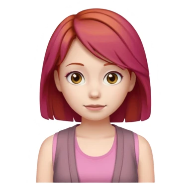 Создай эмодзи девушки с рыжими волосами и стрижкой химэ-кат, серыми глазами. На ней розовая майка и коричневая кофта sticker