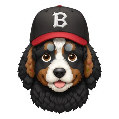 A black Bernedoodle with a white chest with a baseball hat on that says PC sticker