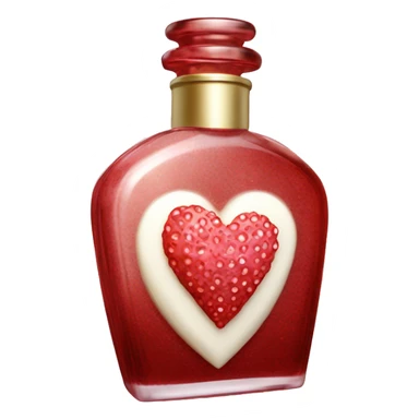 Antique heart-shaped parfumerie bottle with butter, made of red crystals, white cream and pink strawberry milk pour from the bottle sticker