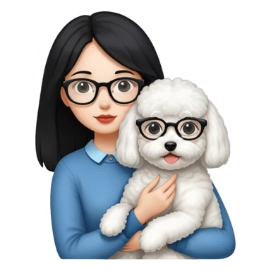 Girl with long black hair and glasses holding a white Bichon Frise dog sticker