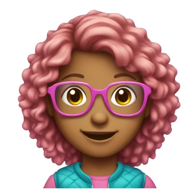 smiling Cooper Haired girl outdoors with pink glasses sticker