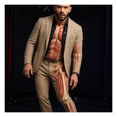 Realistic man standing in a gym, pose as in the reference, pelvis tilted, knee in valgus, and pronated foot. Visible skin and muscles, some translucent areas partially showing bones and joints involved (pelvis, knee, foot). Natural expression, clothing similar to the reference, hyperrealistic 4K details, gym environment. View slightly rotated by 45 degrees. Variant 5. sticker