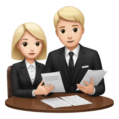 man in formal suit talking to woman in formal suit, they sit, papers in hands on the table sticker