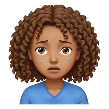 white young curly hair girl, brown hair, with a blue shirt, in despair crying sticker