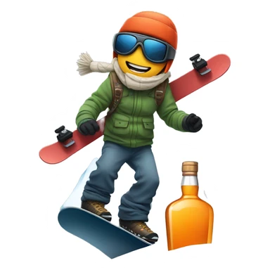 Boarder with whiskey bottle on the snowboard around the mountains sticker
