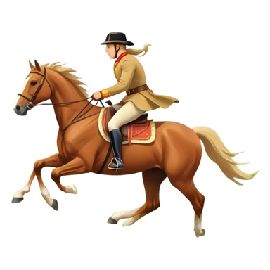 An icon showcasing a majestic horse and rider in full gallop across a lush green field. The background features a clear sky, distant mountains, and a vibrant landscape. The rider wears traditional gear, while the horse leaps with grace and power.  sticker