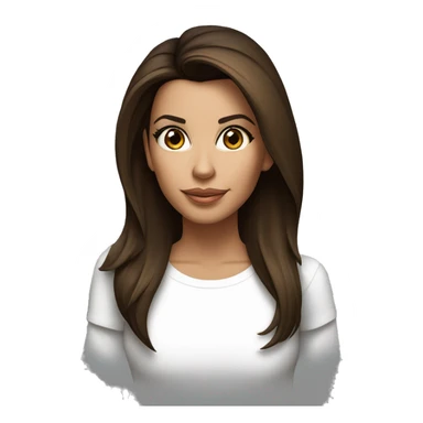 3/4 face, contrasted, shadow, light, Eva Longoria expression, standing, thin nose, brunette woman, hazel eyes, long eyelashes, dark shoulder shaded hair, white t-shirt, jeans, white sneakers sticker