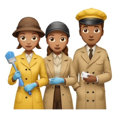 A cleaning Lady with Brown hair, high ponytail and yellow cleaning gloths is Talking to a Detektive (a man) with beige had, a beige coap and he is interviewing the cleaning Lady sticker