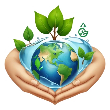An icon featuring a green leaf, Earth held in hands, and a recycling symbol, symbolizing ecology. The design includes trees, clean water, and animals, representing environmental protection, sustainability, and ecosystems. Transparent background highlights the science of nature and conservation. sticker