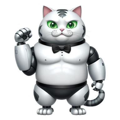 Robot Buff Jacked up Huge jumbo Super Duper Muscular Cat with a 10 pack full body black and white tuxedo colored body and green eyes and abs sticker