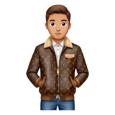 stylish man wearing Louis Vuitton jacket with LV monogram pattern sticker