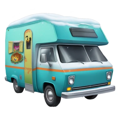 very expensive but haunted horror dream rv camper for Scooby Doo and the kids in the gang and Barbie while it’s cold and snowing hard outside. Spare Tire with cover attached to front of the vehicle like the Scooby van’s  sticker