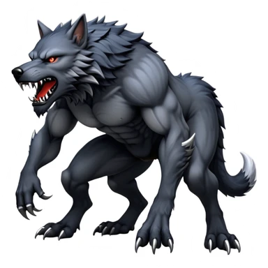 cinematic-noble-fierce-werewolf-full body on all fours-emoji, poised-and-imposing, with a tall, lean, and muscular wolfish frame inspired by the brutal, imposing shape of the beast from Berserk, fur rippling in shades of midnight black and silver, massive paws with razor-sharp claws, elongated limbs and fangs, eyes glowing with an intense, primal ferocity, reflecting the untamed power of the wild moonlit night; rendered with realism like a wolf sticker
