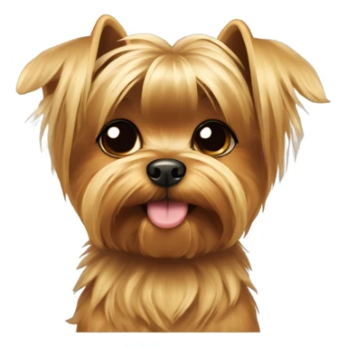 A small Yorkshire Terrier with fluffy golden-brown fur, black back, round face, perky ears, dark eyes, a small nose, and often a top bow or hair tie. With body sticker