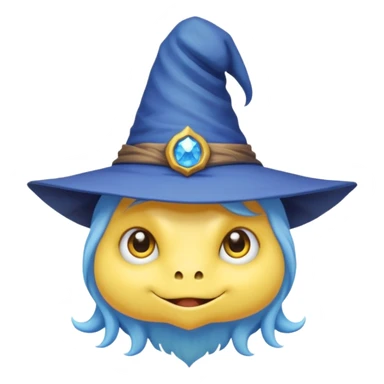 cute monster with white body, yellow tail, wearing blue sky witch hat. the face facing the front towards the 4th wall sticker