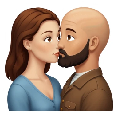 Couple. Bald man with dark brown-black beard. White woman with many small, faded freckles, she has white skin and she has auburn-brown-cinnamon, dark long hair. She has light brown eyes. The man have hazel eyes. Retro style. They kiss. sticker