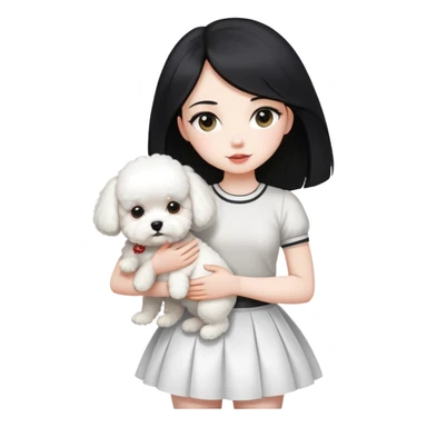 A beautiful girl with long straight black hair wearing a white skirt holding a small white Bichon Frise sticker