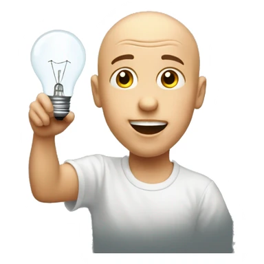 A bald boy with a surprised, joyful face holds up and points to the light bulb hanging above his head   sticker