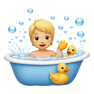 child splashing in a bathtub with rubber duck and bubbles, happy face sticker