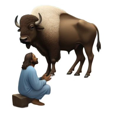 A buffalo praying to heaven and the face of Jesus in the sky looking down sticker