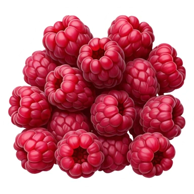 small cluster of whole dried raspberries with deep red to burgundy tones, wrinkled surfaces, hollow airy centers, matte slightly crisp texture, natural irregular shapes, no bowl or extras, soft lighting, subtle shadows, emoji scale sticker