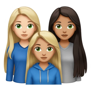 Three women, light skin with dark blonde long hair green eyes, tan skin black long hair with brown eyes, and light skin long blonde hair blue eyes, in cute casual wear sticker
