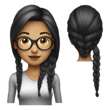 une fille avec de long cheveux noir lisse, la peau blanche ,et avec des lunette (en forme de carrer un peu déformé) assez grosse comparer a ça tête , portant un pull noir sticker