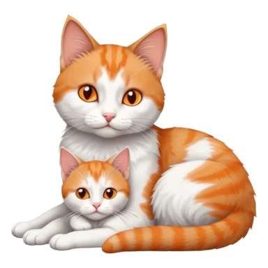 full body of a grey and white cat cuddling a very small + skinny ginger and white kitten with deep orange eyes and triangular shaped face lying down sticker