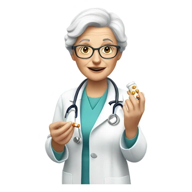A Caucasian female doctor with glasses serving 25 pills to an old woman  sticker
