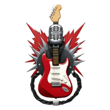 Create a powerful and dynamic humanless emoji representing rock vocals. The design should feature a classic vintage microphone with a rugged, distressed look, surrounded by elements like a guitar pick, electric guitar neck, and sound waves to reflect the raw energy of rock music. Add subtle details such as a spiked bracelet, leather textures, or bold lightning bolts to evoke the rebellious and intense spirit of rock. Use dark, edgy colors like black, red, silver, and metallic accents to emphasize the fierce, loud, and passionate nature of rock vocals. The background should be transparent. sticker