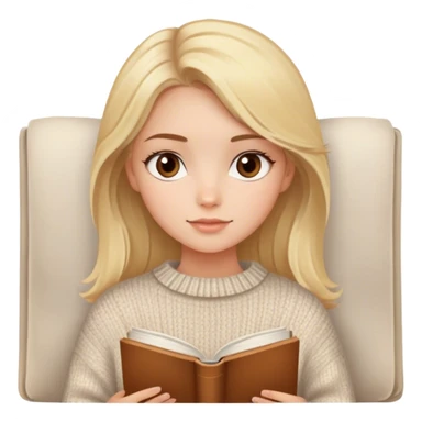 pretty blonde girl with brown eyes wearing a cozy sweater, with book sticker