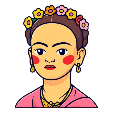 cartoonish expressive portrait of Frida Kahlo with iconic unibrow and flowers sticker