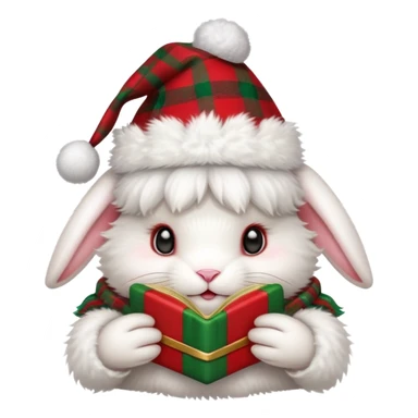 fluffy white angora rabbit wearing red and green plaid Christmas hat held in hands sticker