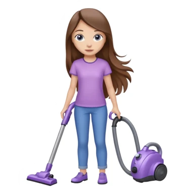beautiful girl with long brown hair, blue eyes and wearing light purple clothes, cleaning and vacuuming sticker