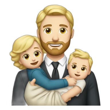 sharp dressed white man with blonde hair and a beard holding a newborn baby boy sticker