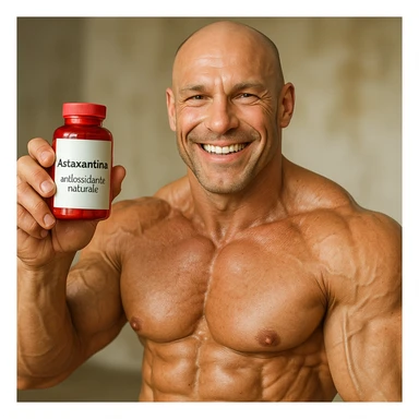 hyper realistic bodybuilder smiling showing red bottle of astaxanthin, defined muscles, clearly visible label, text 'Astaxantina: antiossidante naturale', positive atmosphere sticker